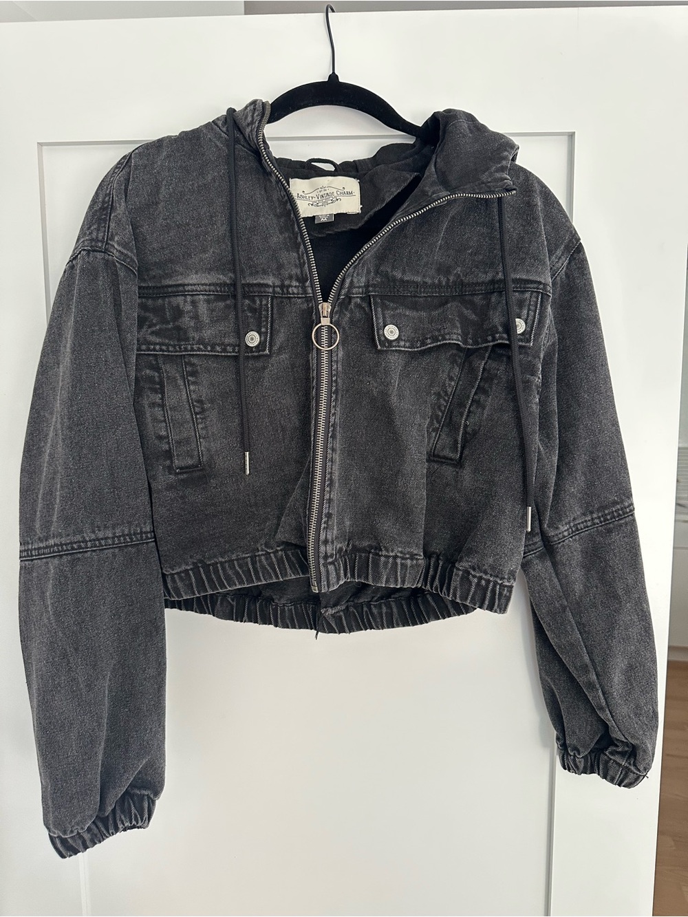 Washed Black Cropped Zip Hoodie Jacket